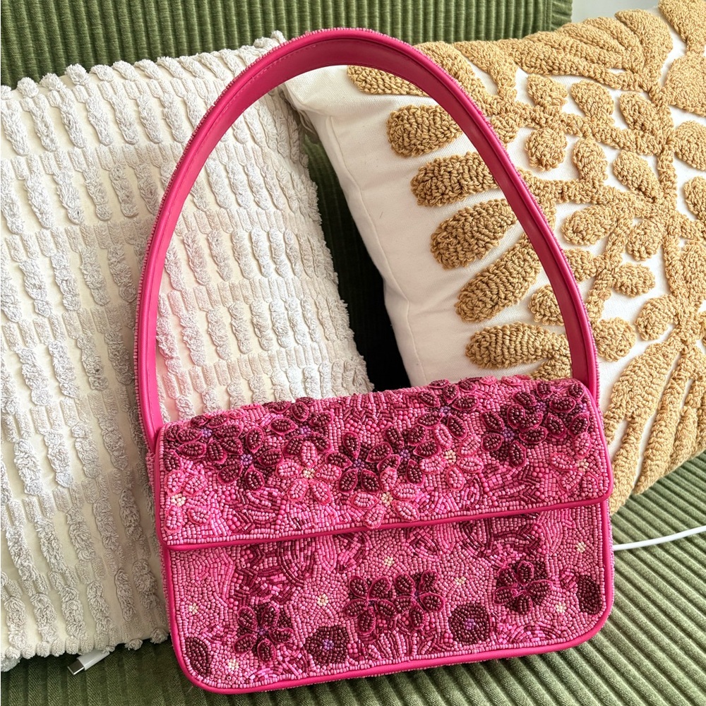 STAUD Tommy Pink Beaded Floral Handbag